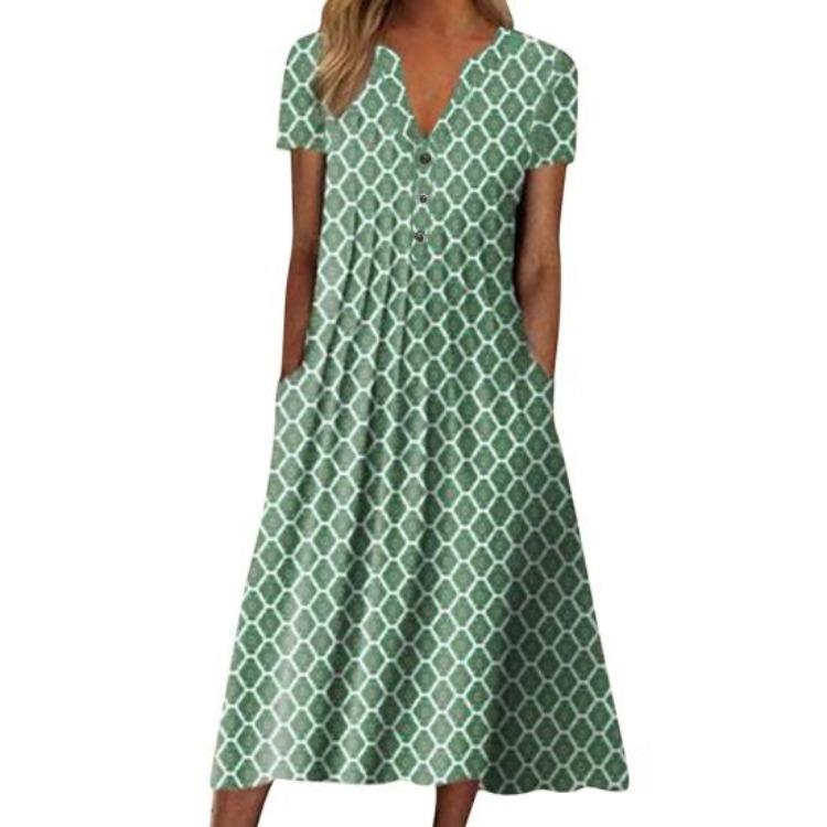 Long T Shirt Dress for Women Summer Casual Button Up V Neck Short Sleeve Printed Maxi Swing Beach Sundress