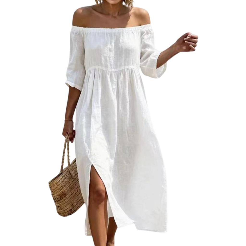 Women Off Shoulder Midi Dress Three Quarter Sleeve Pleated Linen Cotton Blend Loose Fit High Waist Side Slit Summer Casual Dress