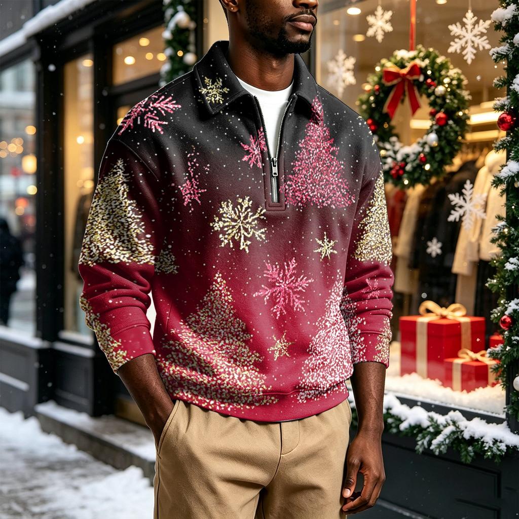 Men's Casual Christmas Print Collared Sweatshirt for Holiday