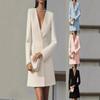 Women Double Breasted Blazer Dress Elegant V Neck Long Sleeve Solid Color Mini Suit Dress Office Commuter Dress