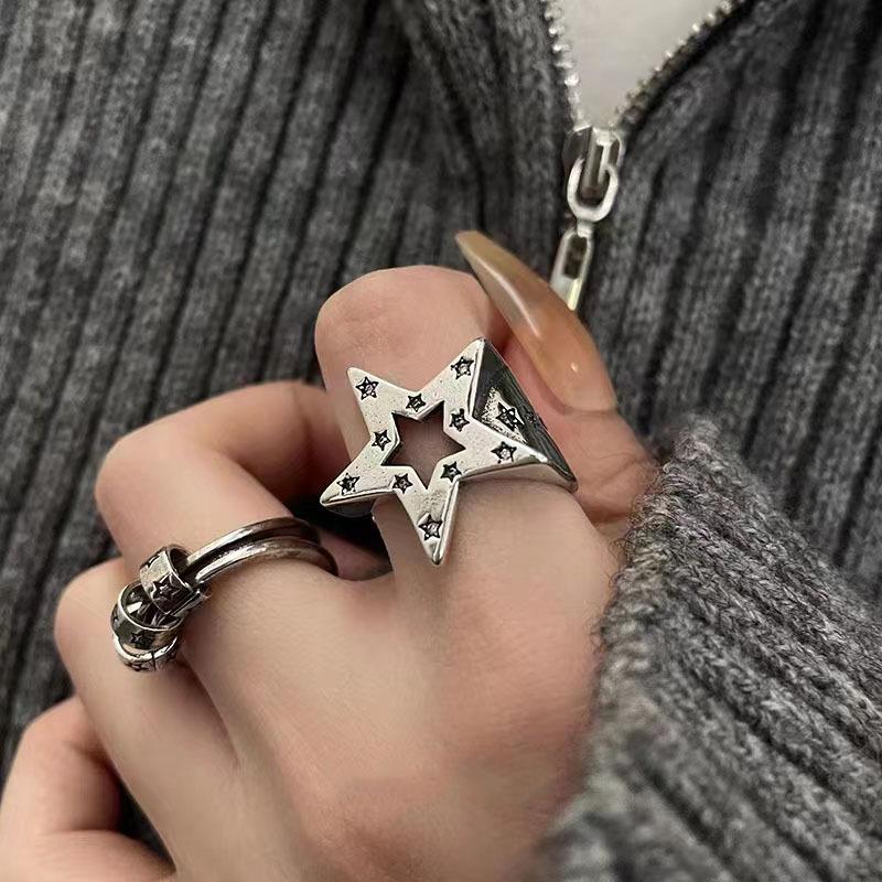 Vintage Herz Pentagramm Offener Ring für Damen Süß Kühl Alt Gemacht Hohl Liebesstern Persönlichkeit Fingerzubehör Mode Schmuck