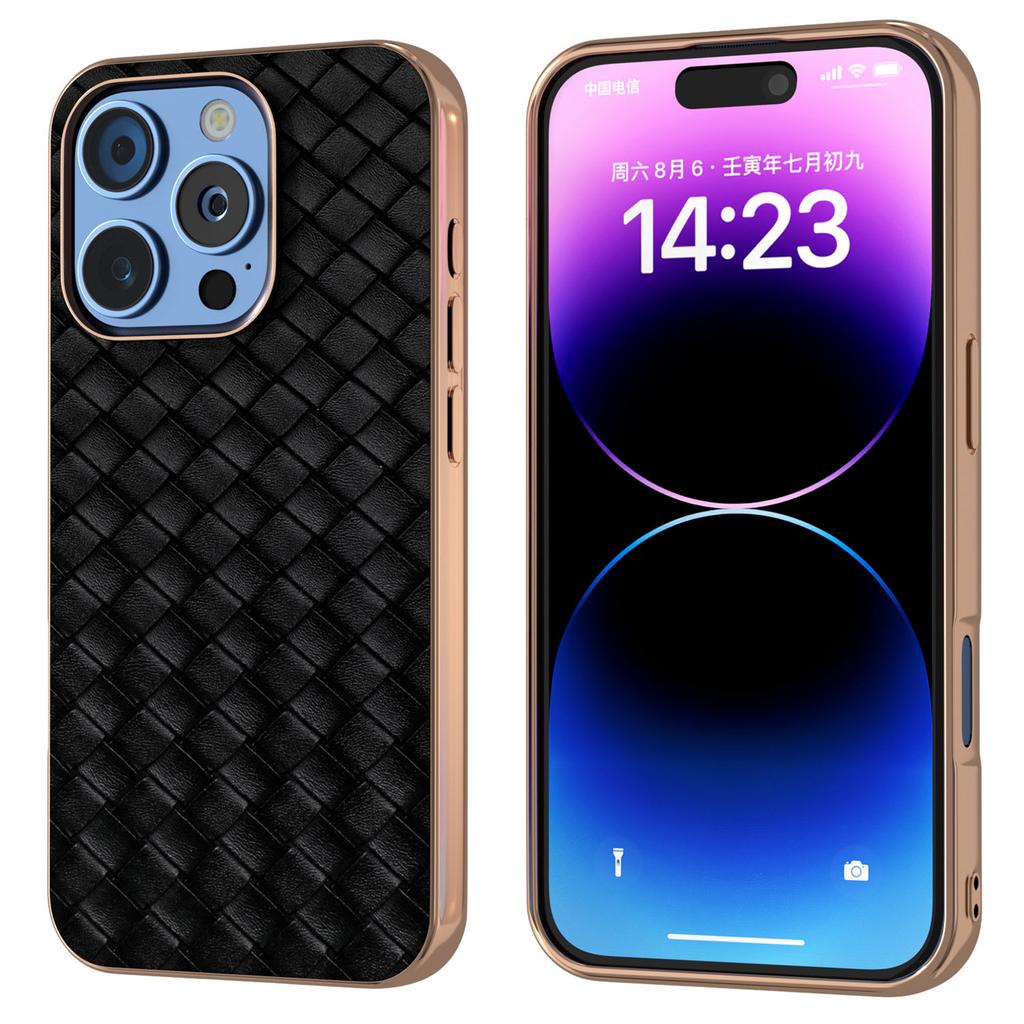 For iPhone 16 Pro Max Case Woven Texture Electroplating Edge Leather Coated PC+TPU Phone Cover