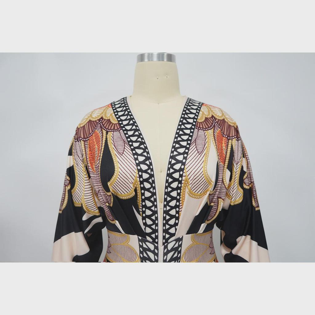 10798 Europäisches und amerikanisches Damen Übergrößen V-Ausschnitt Langarm Schlitzkleid mit buntem Druck