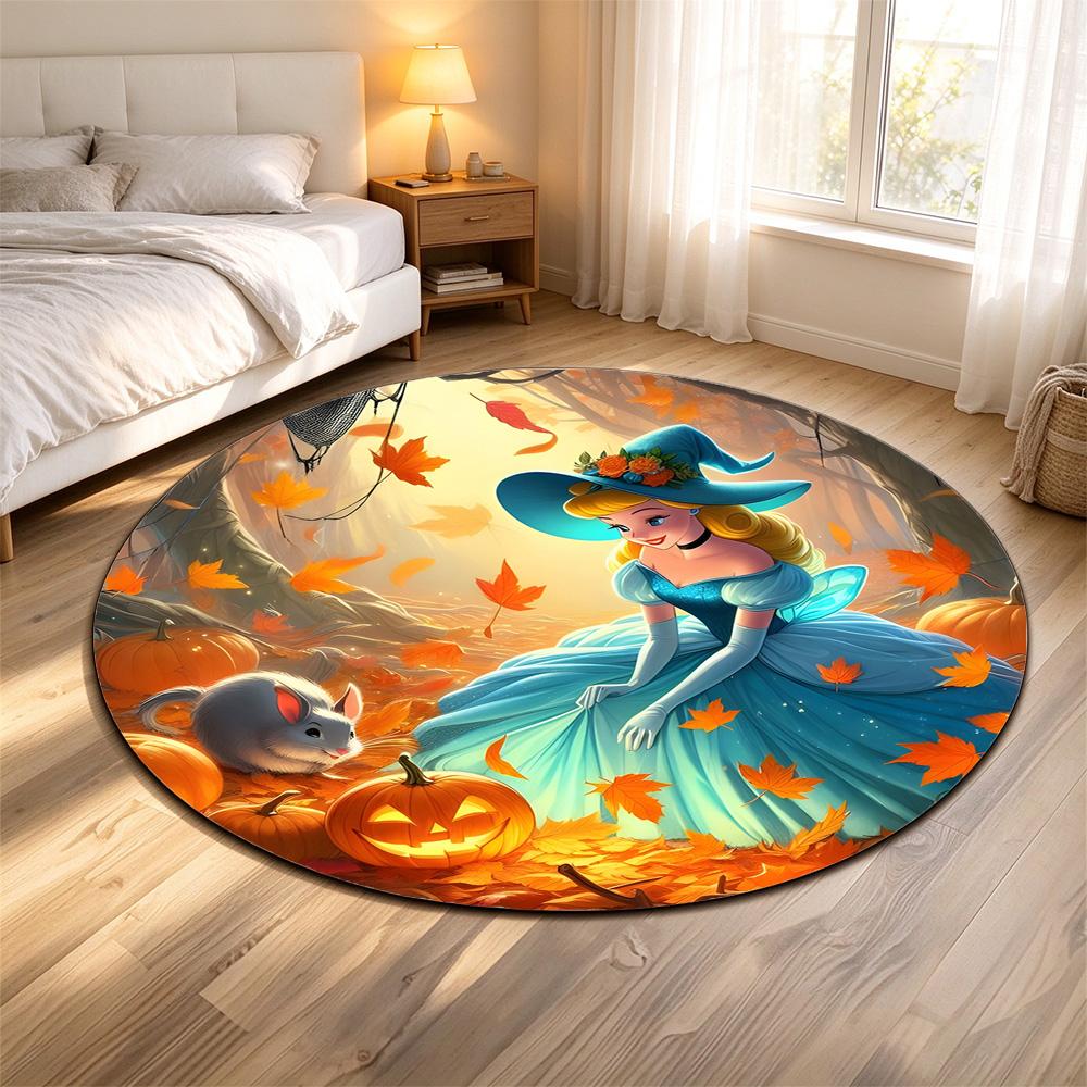 Round Rug Cinderella Witch Blue Gown Hat Autumn Forest Jack O Lantern Pumpkins Halloween Decor