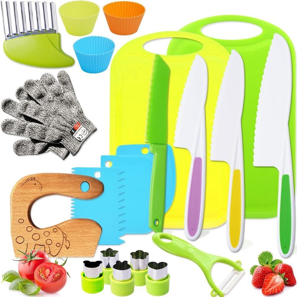 

Kids kitchen knife, Montessori, toddler, cooking set for real cooking, including children s cutting board, peeler, fruit cutter, mold, kitchen gloves
