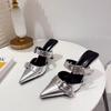 Fashion Fine Heel Sandals Spring New Pointed Head Shallow Mouth Rivet Metal Buckle Set Foot Non-slip High Heel Slippers