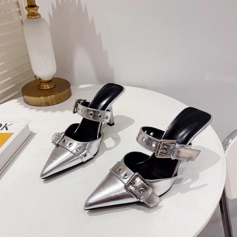 Fashion Fine Heel Sandals Spring New Pointed Head Shallow Mouth Rivet Metal Buckle Set Foot Non-slip High Heel Slippers