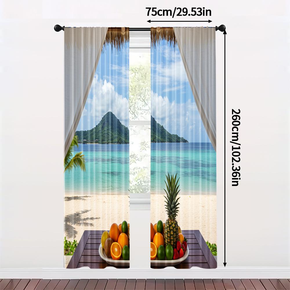 2pc   Curtain tropical beach Versatile 100% Polyester  Without Electricity Holiday Decorations Use for Indoor Celebrations   Room