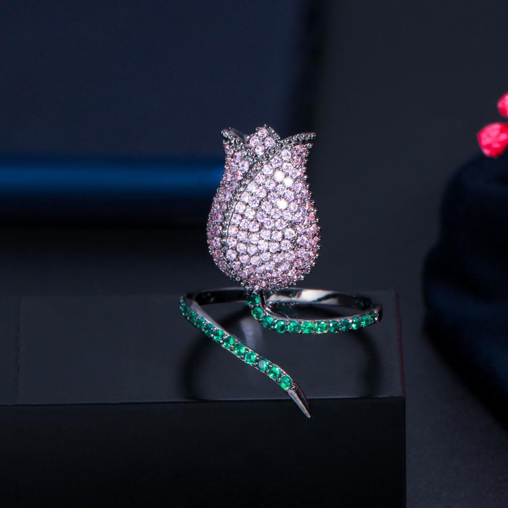 

Кольцо на указательный палец с трехмерным цветком тюльпана в стиле легкой роскоши, слегка инкрустированное цирконом, кольцо в форме розы, кольцо, женское светло-фиолетовый