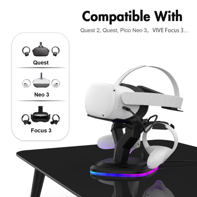 Charging Dock Station for Quest2 / 3 Charger Bracket Base VR Glasses Display Stand Headset Display + Led Lamp