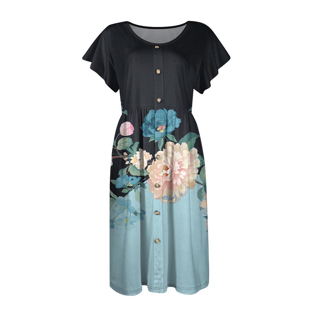 Women's Round Neck Summer Fly Sleeve Casual Printed Loose Button Pocket Midi Dresses