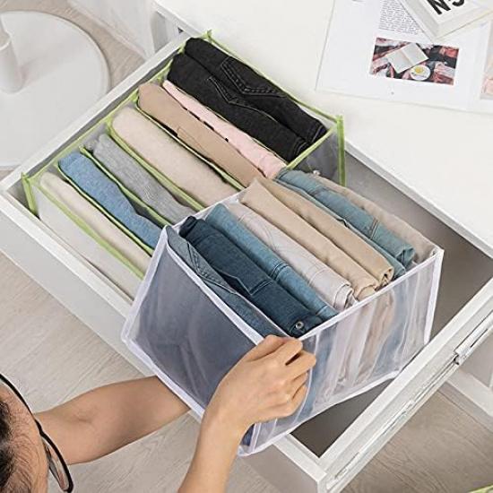 Wardrobe Organizer, 7 Grids Washable Clothes Organizer for Folded Clothes, 2 Pieces Foldable Wardrobe Clothes Organizer for Jeans, Dividers Nylon