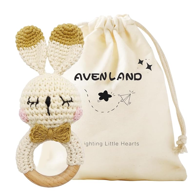 Crochet Bunny Rattle for Baby, Soft Baby Rattle Toys Wooden Ring Rattle for Toddlers Cute Rattle Toy Boy Girl First Rattle Gift Perfect Baby Shower #2 Bunny