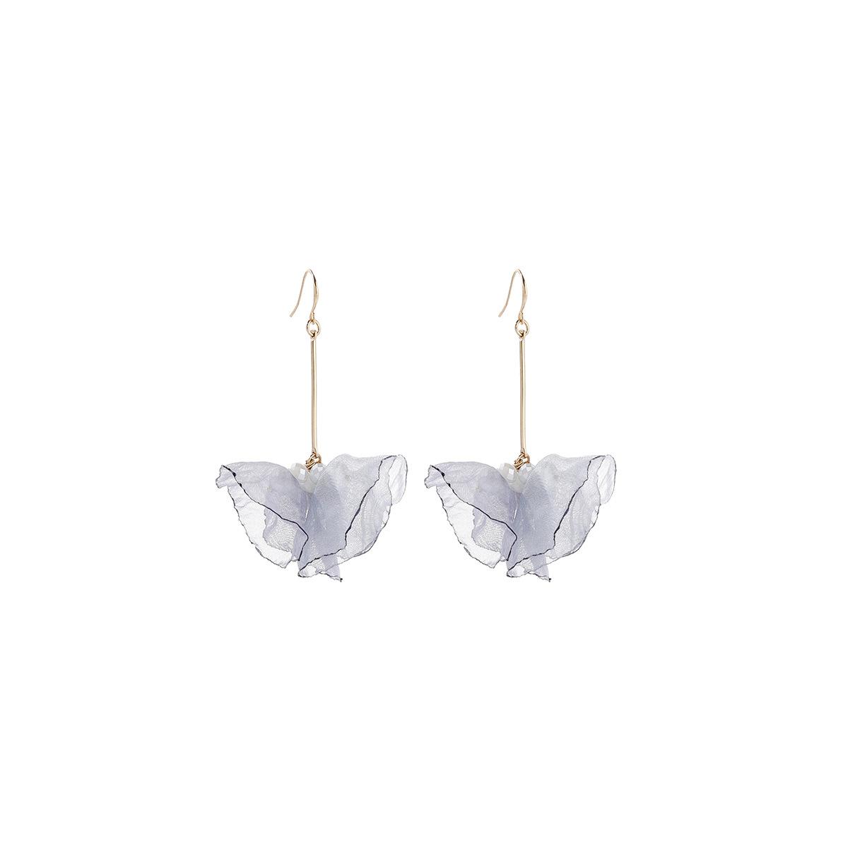 Fashion temperament lace fabric flower earrings, niche personality design sense long chiffon fringed earrings