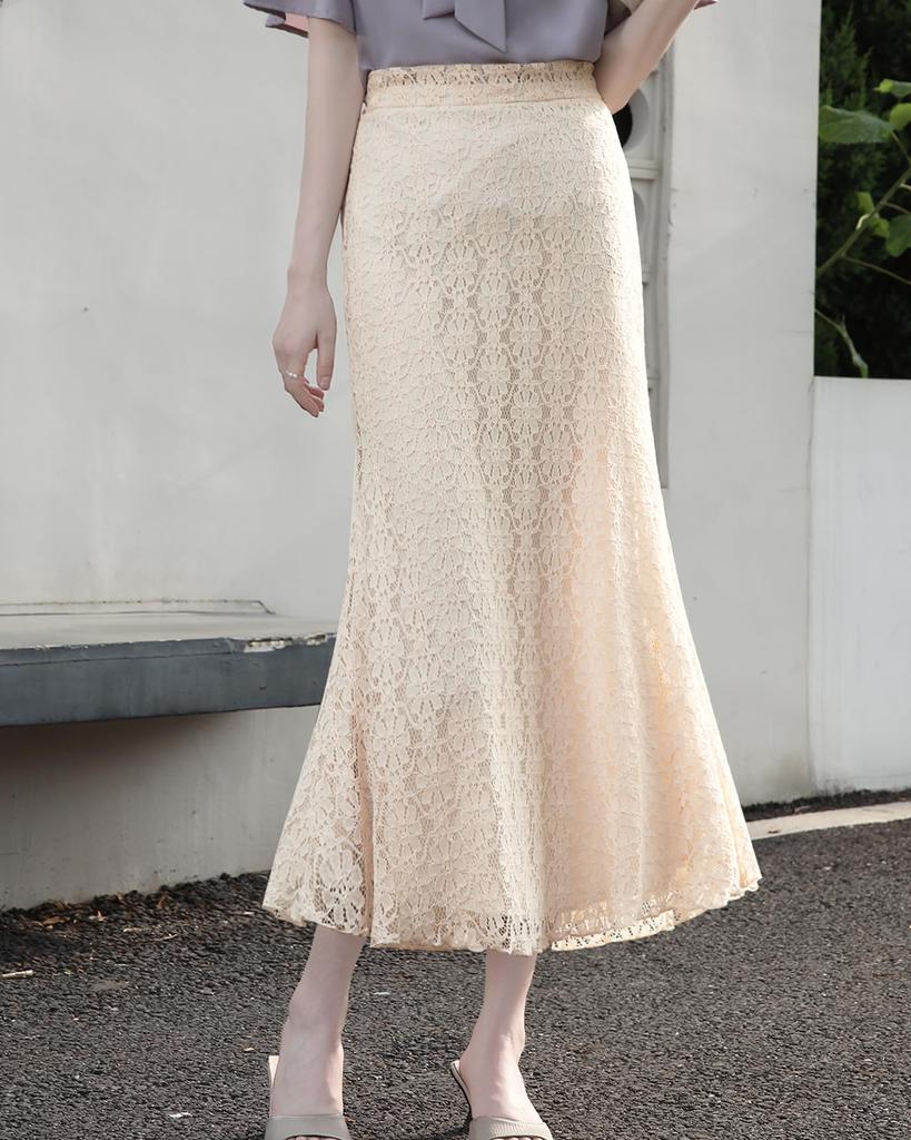 Yino Long Mermaid Lace Floral Elastic Commuting Women's Skirt, Skirt, Print, Flared, Ankle-Length, Waist, Stretch, Flattering, Slimming, Feminine,