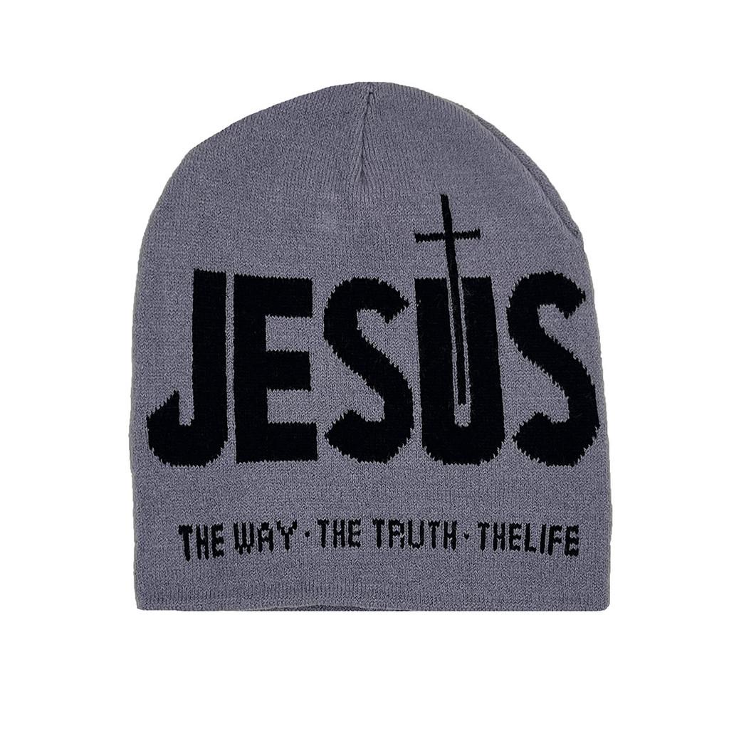 Gestrickte Mütze mit Jesus-Kreuz für atmungsaktive Wärme für Damen und Herren Herbst Winter