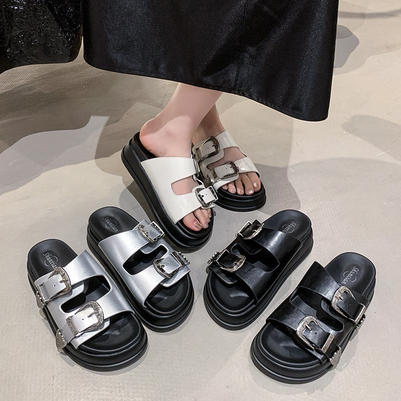 2025 summer slippers women's fashion and leisure flat-bottomed beach one-word sandals buckle platform slippers women's shoes