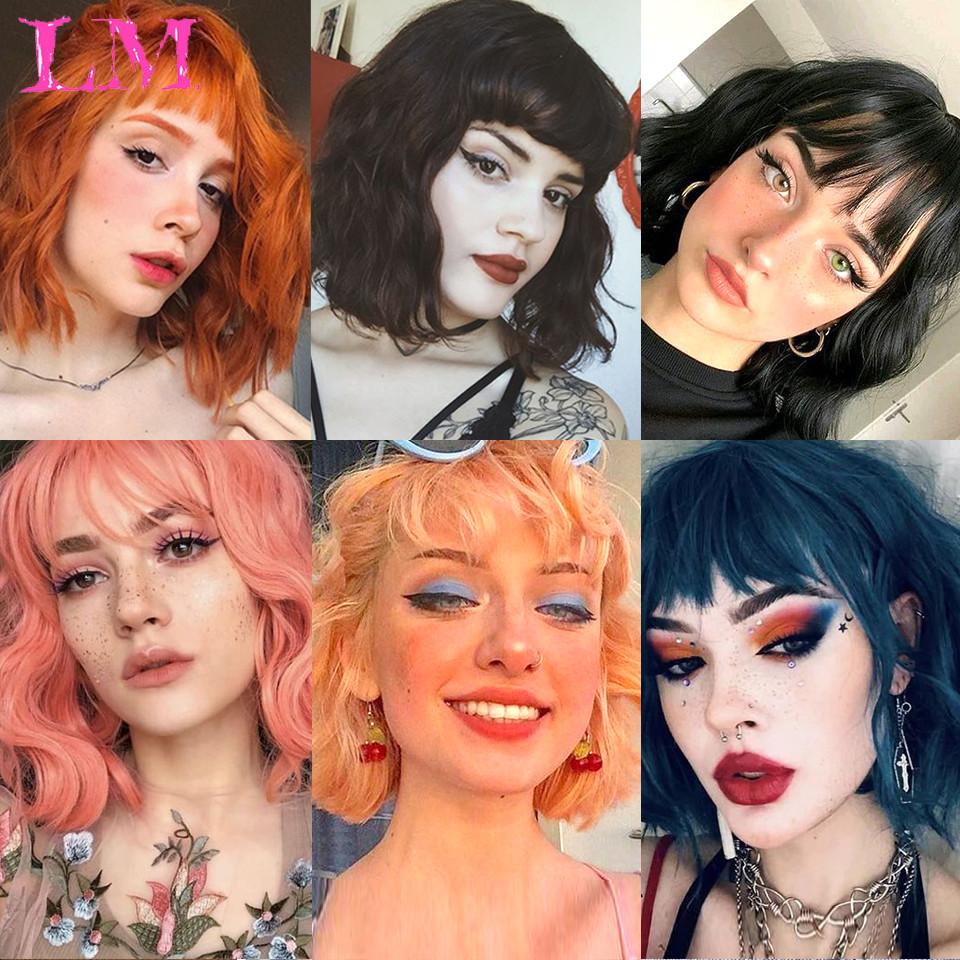 Short Wavy Wigs for Black Women African American Synthetic Pink Hair Purple Wigs with Bangs Heat Resistant Cosplay Wig