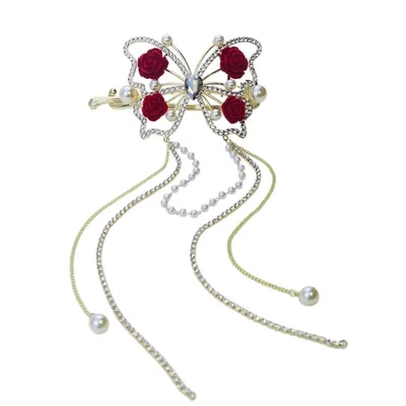 Rhinestone Tassel Grab Clip Korean Version Minimalist Shiny and Elegant Hair Accessory Elegant Butterfly Pearl Design Accessory