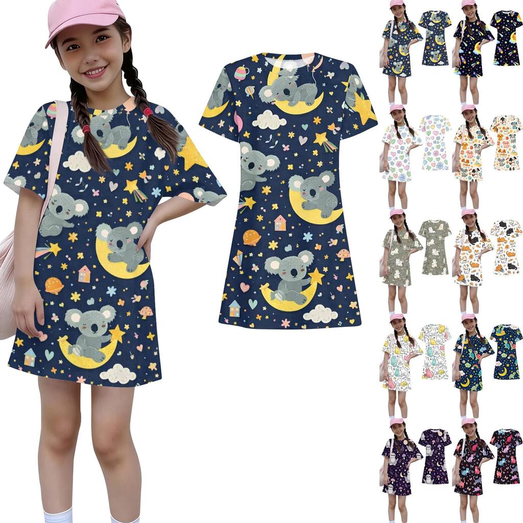 Girls Print Casual Dress Kids Loose Round Neck Short Sleeve Thin Sundress