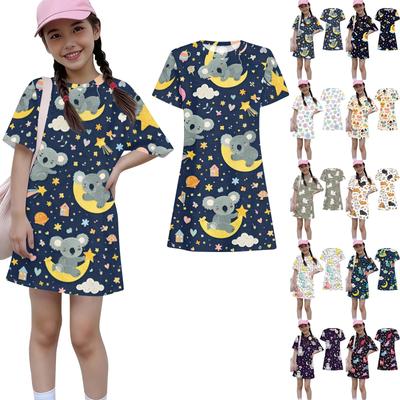 Mädchen Druck Lässiges Kleid Kinder Locker Rundhals Kurzarm Dünnes Sommerkleid