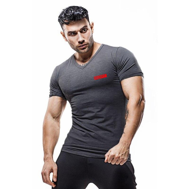 Muscleguys Men’s Casual Comfortable Cotton V-neck Tee Summer Street Trend Short-sleeve Fashion All-match T Shirts Bodybuilding Gym Clothes