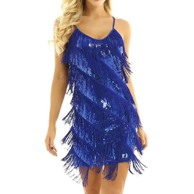 Träger Pailletten Quaste Rock Kragen Kleid Lateinischer Tanzkleid Tanzkostüm Bühnenkostüm