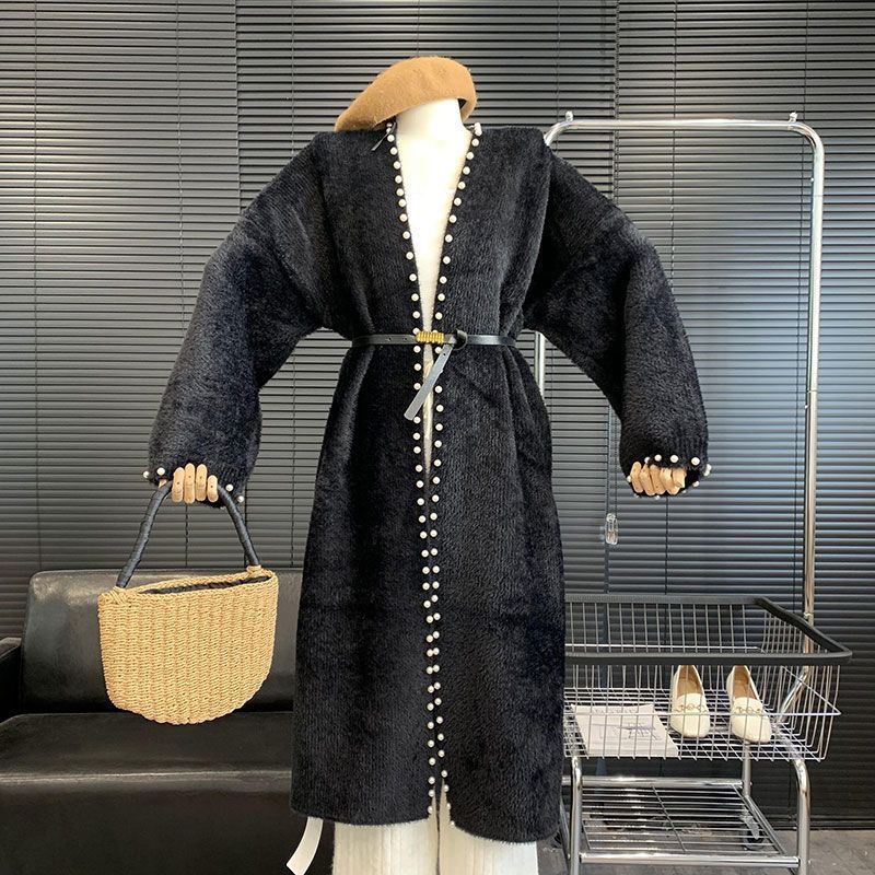 Women's Mink Fleece Cardigan Jacket Autumn and Winter Midi Beaded Knitted Cardigan Loose Casual Over-the-knee Knitted Sweater Coat