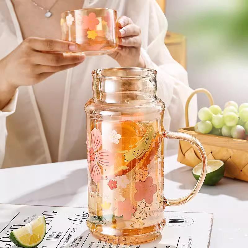 

Cute Flower Cold Water Jug High Borosilicate Glass Drink Water Bottle With Lid Kitchen Housewares Ice Coffee Cups Camping Kettle