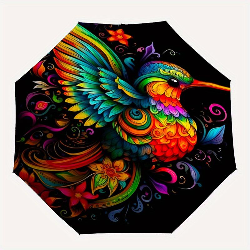 1pc Colorful Hummingbird Art Cartoon Umbrella, Portable 3-Fold Compact Umbrella, Suitable for Camping, Hiking and Travel, Ideal Easter Birthday G
