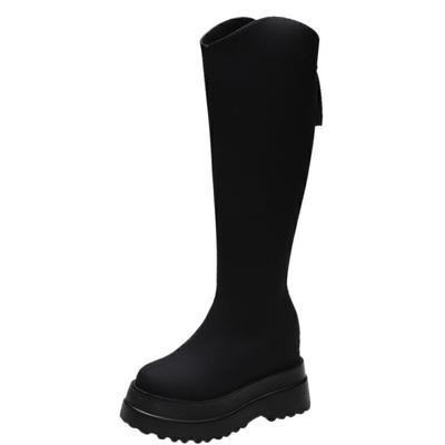 Mode 10CM Nieuwe Winter Dames Knielaarzen 2024 Mode Punk Plateau Dikke Dames Lange Laars Zacht Leer Rits Casual Rijlaarzen