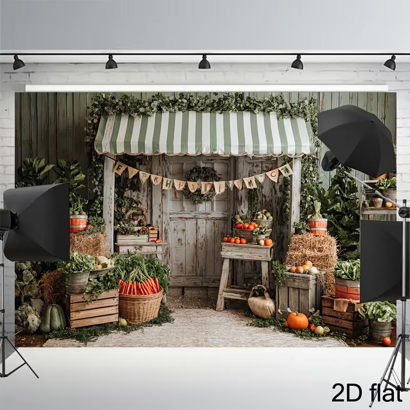 2D Harvest Farm Stand Backdrop Green Awning & Produce Party Background Banner 47.2x31.5inch/120*80cm