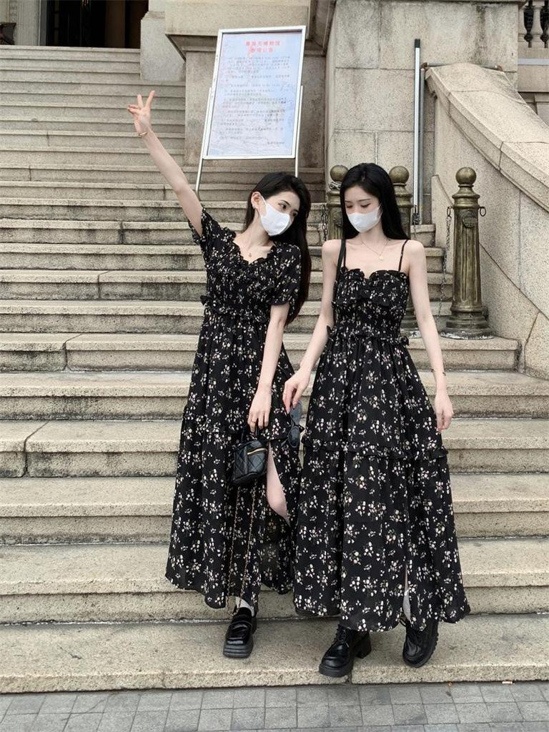 Chiffon Floral Summer Dress for Women - 2025 Design with Slimming Waist, Slit, and Square Neckline