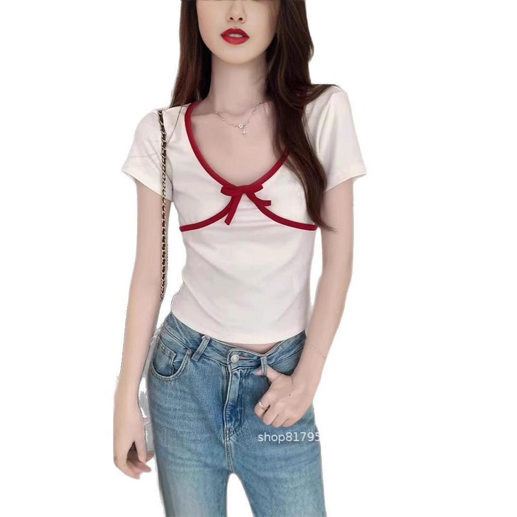 Koreanischer Stil Sommer 2025 Damen Schlankmachendes Kurzarm Schleife Farbblock V-Ausschnitt Top