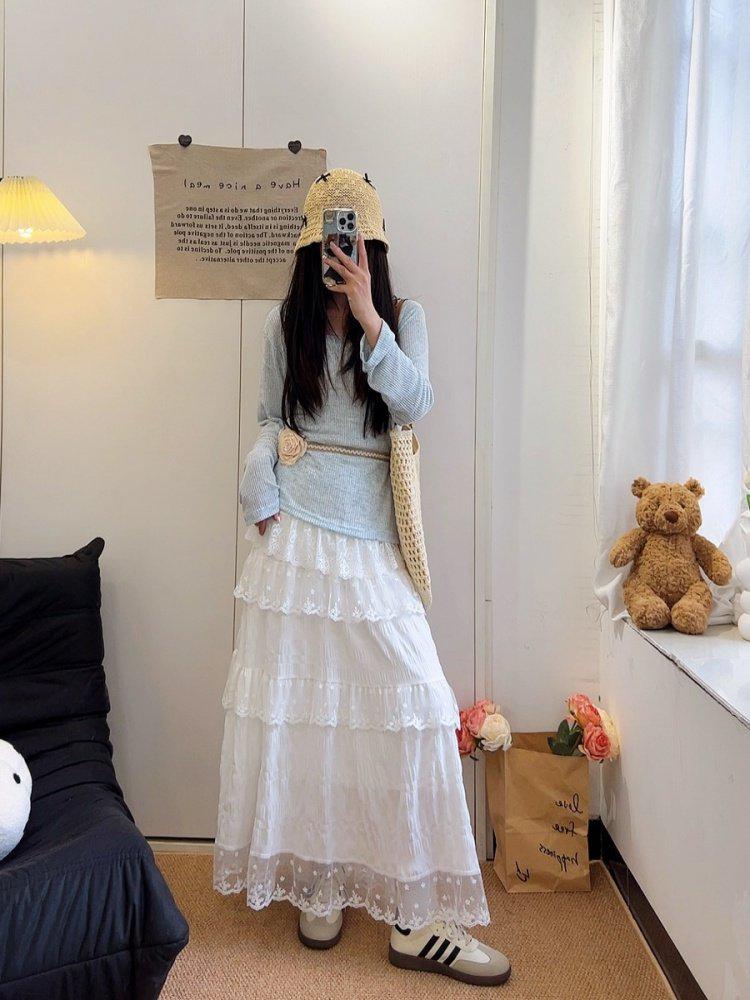 White Lace High-Waist Slimming Long Skirt for Women - Spring/Summer/Autumn