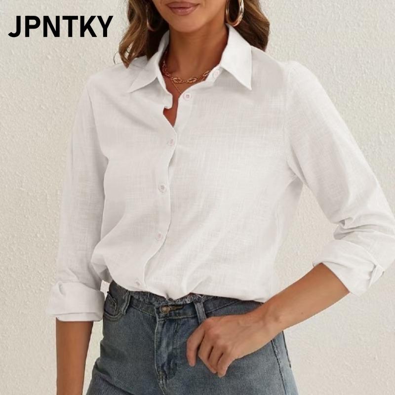 JPNTKY Women's Fashion Casual Solid Color Print Long Sleeve POLO Neck Blouses & Shirts International Design