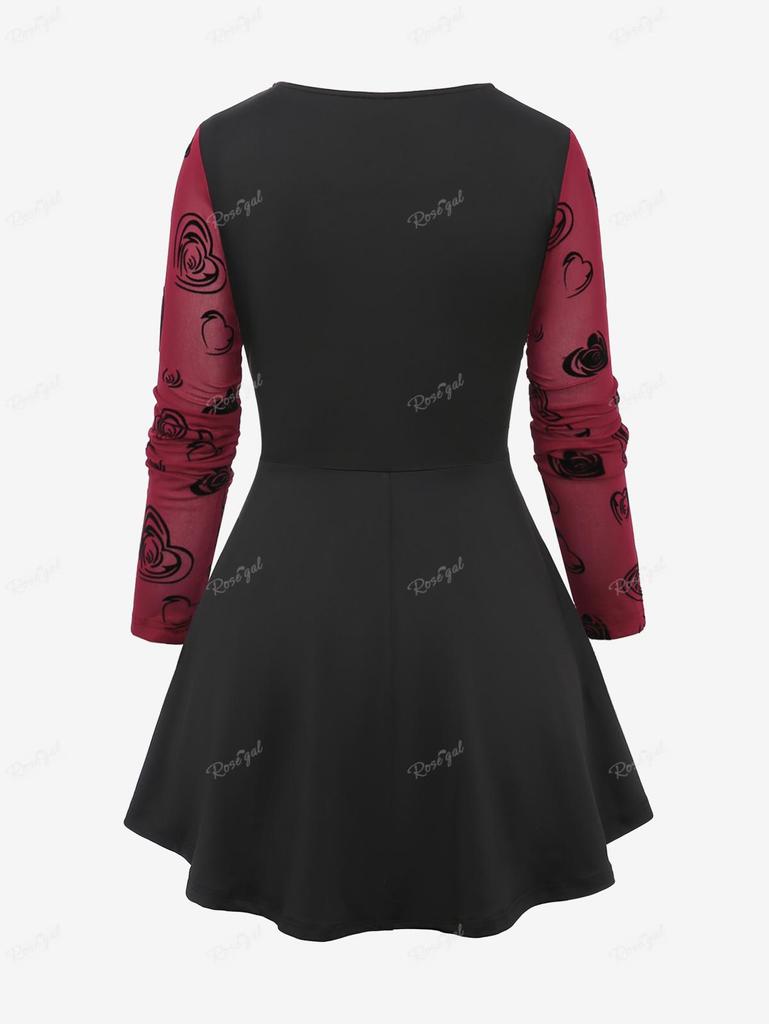 Rosegal Plus Size Lace Up Grommets Rose Flower Heart Flocking Mesh Ruched Asymmetrical Long Sleeve 2 In 1 Top