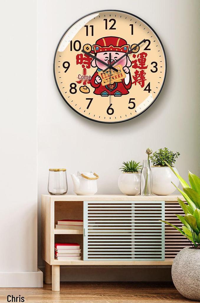 God of Wealth Luxury Silent Wall Clock - New Chinese Style for Living Room