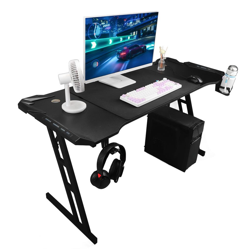 Gaming Desk with Mouse Pad Headphone Holder Steel Leg Removable LED Computer Workstation for