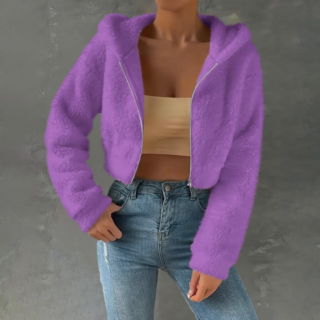Women's Fashionable Casual Thick Fleece Top Short-Length Long-Sleeved Hooded Jacket