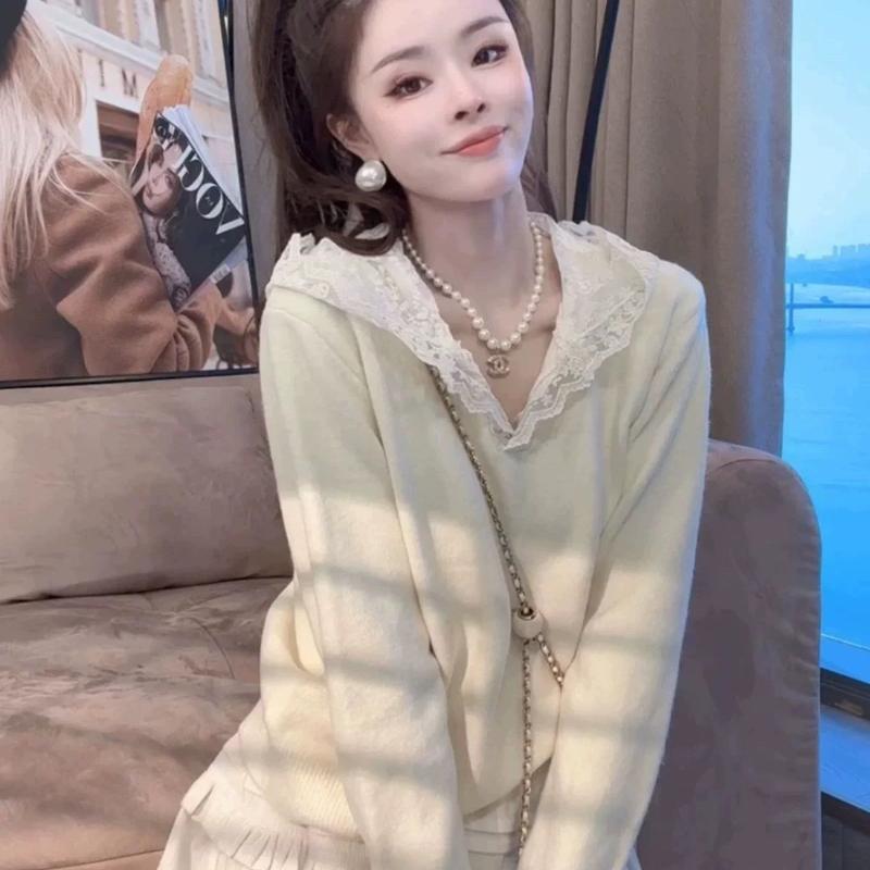 Lace Hooded Women's Knitted Sweaters Korean Loose V-neck Female Knitted Sweater Autumn Fashion Gentle Ladies Hoodie