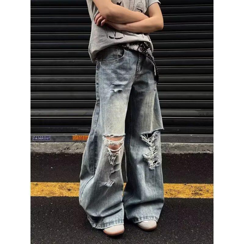 New American high street washing water, old ripped jeans, men's and women's trendy brand loose scimitar pants