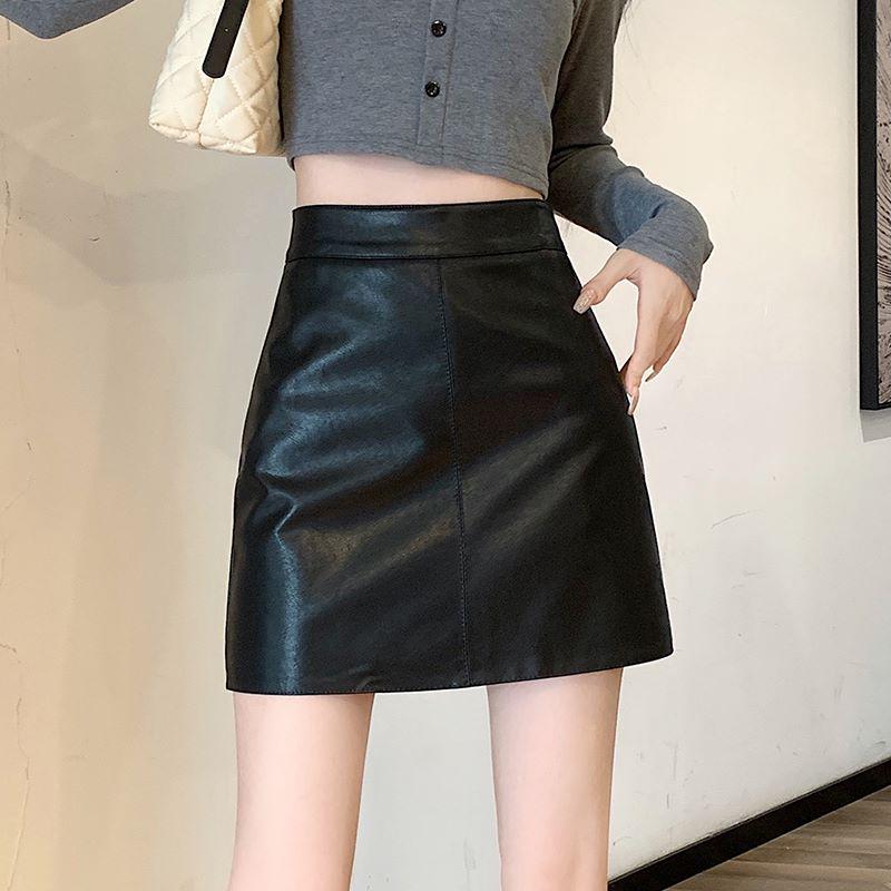 Black A-line High-waisted PU Leather Skirt: Women's Spring/Autumn Slimming Mini with Anti-exposure Design