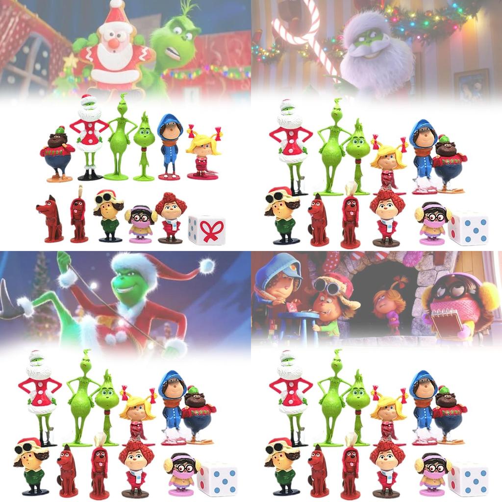 12 Entzückende Grinch-Figuren Weihnachten Thema Grüne Fellcharaktere Sammlerdeko