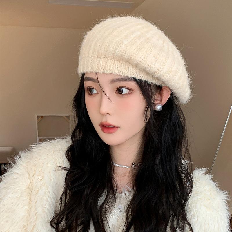 Coarse wool beret women's plain face versatile soft waxy thickened warm face small knitted painter hat
