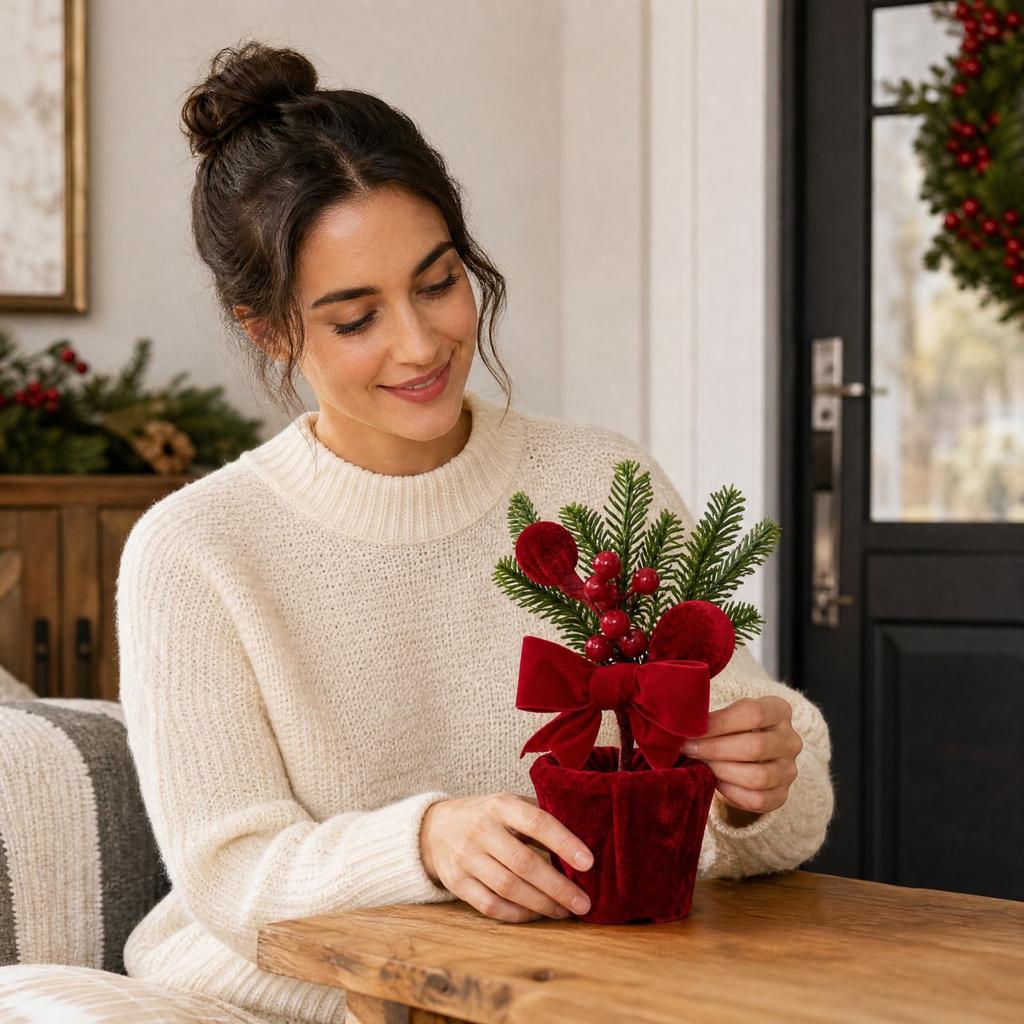 Wine Red Velvet Christmas Ball Ornament in Pot for Holiday Decoration, Window and Doorway Display