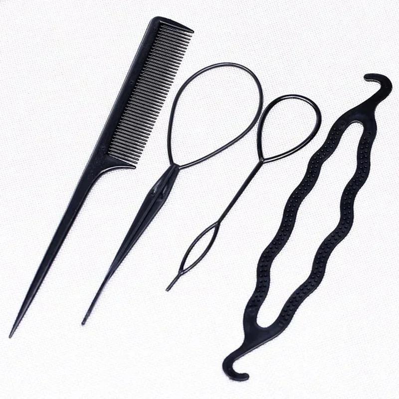 Přenosné 4 ks Nástroje pro úpravu vlasů Nástroj na zaplétání Smyčka Elastické gumičky do vlasů Hřeben s kovovou špičkou Kovová špička Zaplétací hřebeny Nástroje pro úpravu účesu