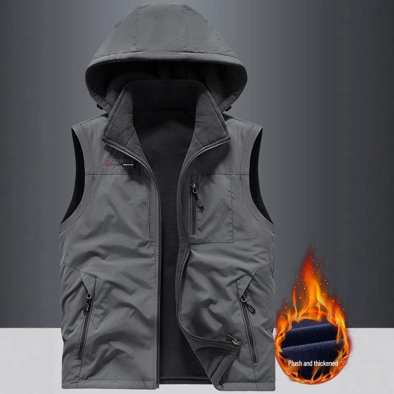 Gilet da uomo in pile Sherpa double-face con imbottitura in velluto, per esterni, con cappuccio staccabile