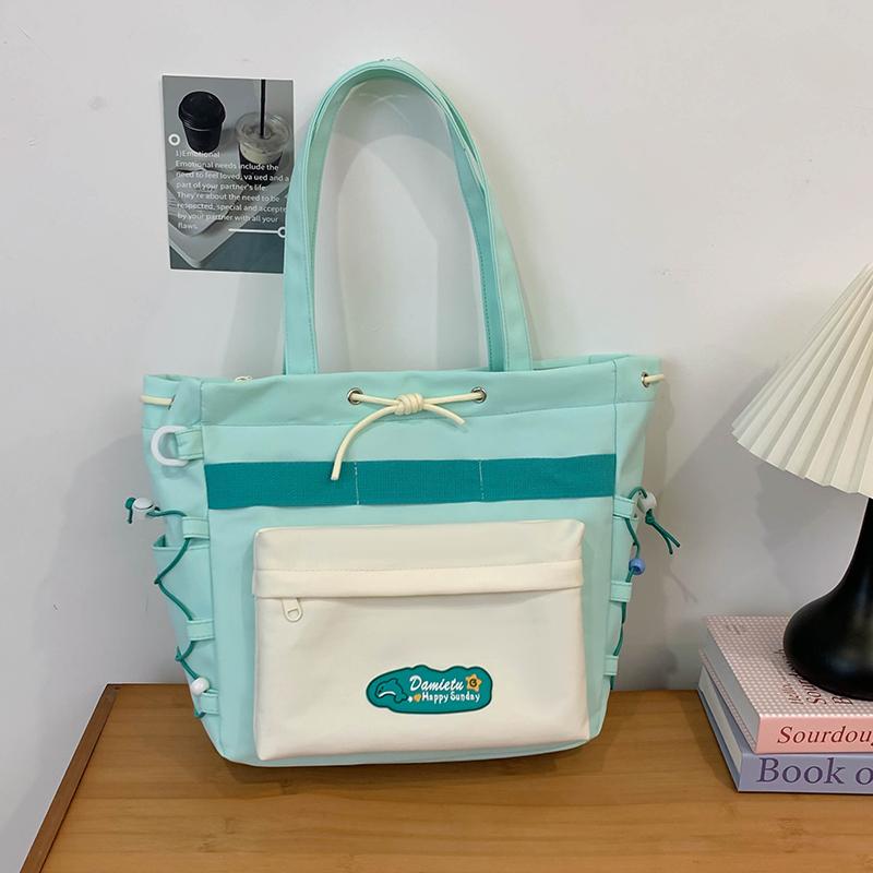 Student Class Shoulder Bag Girls Nylon Bag Color Contrast Large Capacity Tote Bag