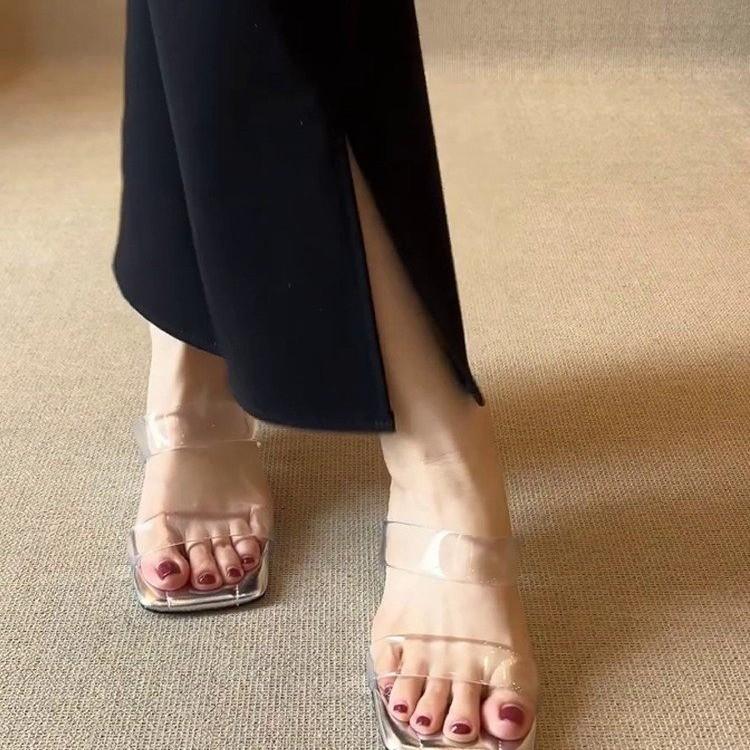 Transparente High Heels 2025 Sommer neu vielseitig bequem sexy Temperament Internet-Berühmtheit Kristall-Slipper Damen Oberbekleidung Slipper